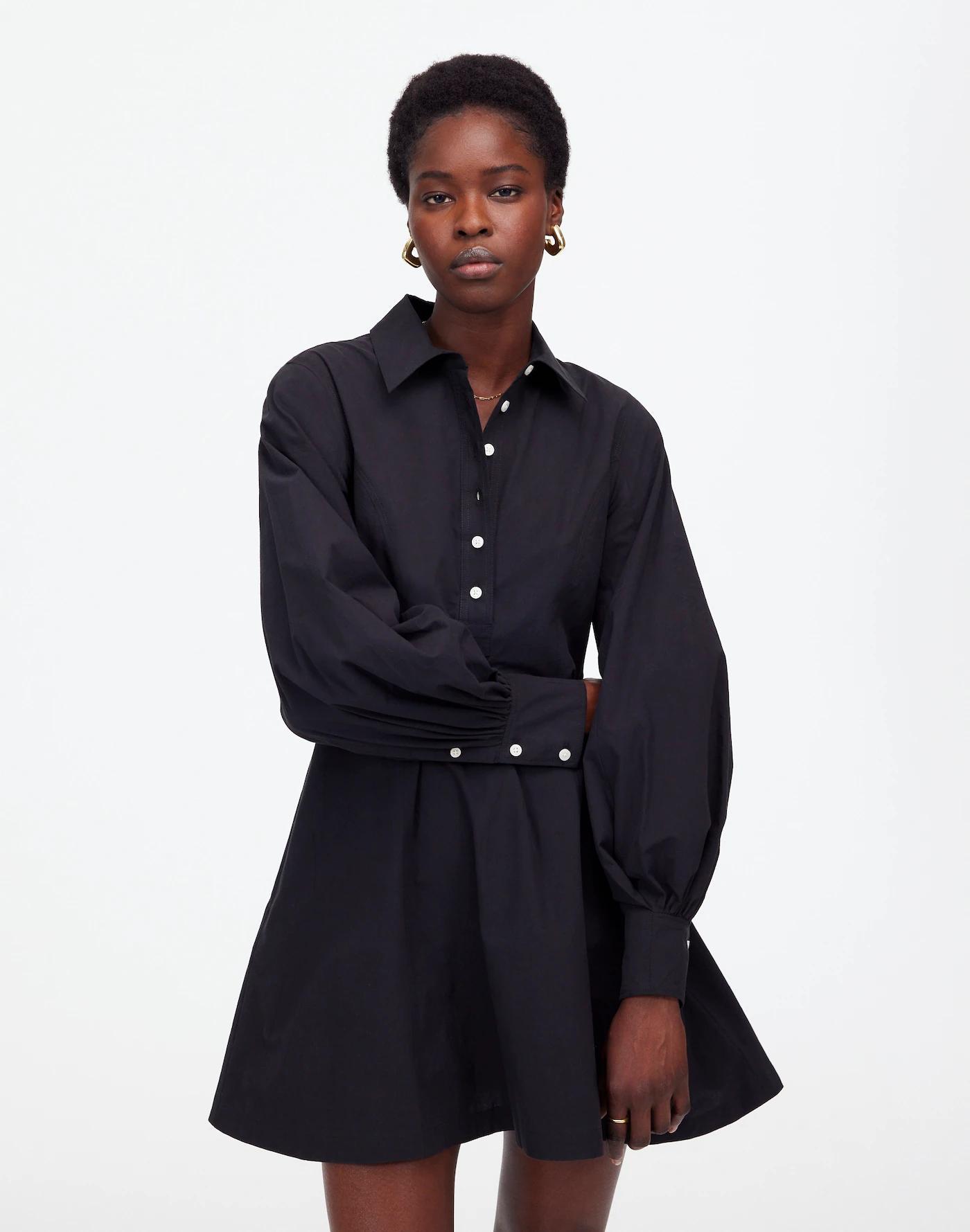 Seamed Long-Sleeve Mini Shirtdress in Poplin Product Image