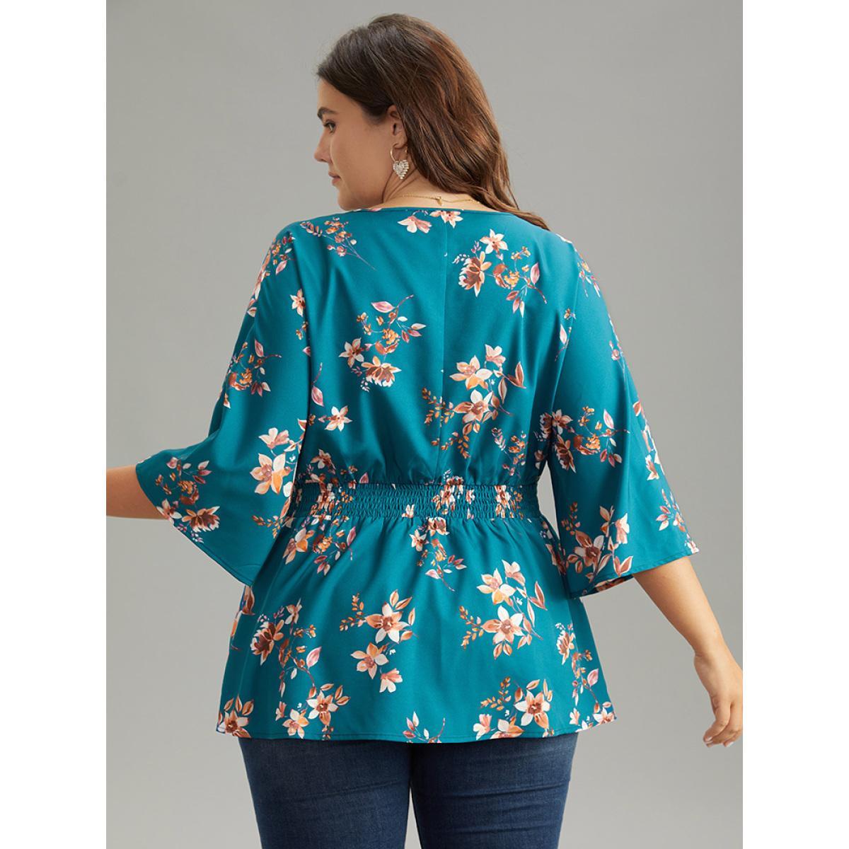Plus Size Aegean Floral Print Shirred Plicated Detail Blouse Women Elegant Elbow-length sleeve V-neck Dailywear Blouses BloomChic 22-24/3X Product Image