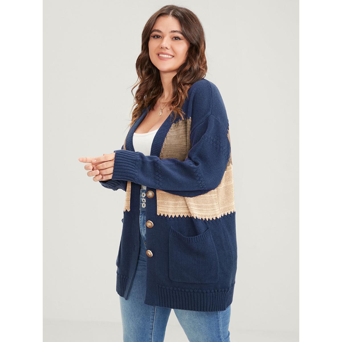 Plus Size Colorblock Contrast Pointelle Knit Pocket Jacquard Button Front Cardigan Multicolor Women Casual Loose Long Sleeve Dailywear Cardigans BloomChic 28/5X Product Image