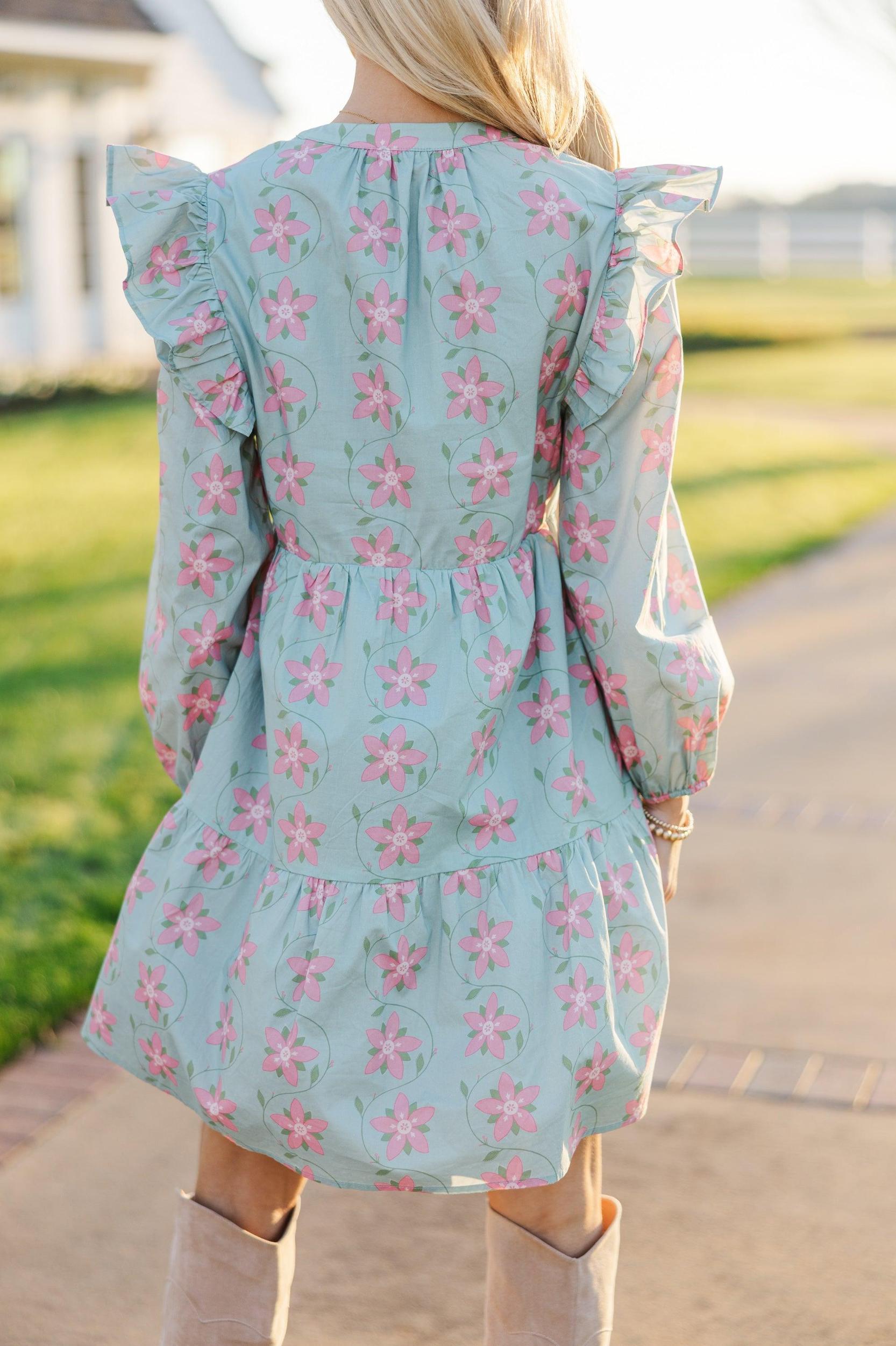 At This Time Light Blue Floral L/S Babydoll Dress Female Product Image