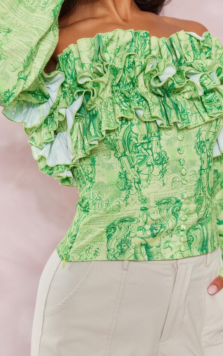 Lime Renaissance Print Ruffle Hem Off Shoulder Long Sleeve Blouse Product Image