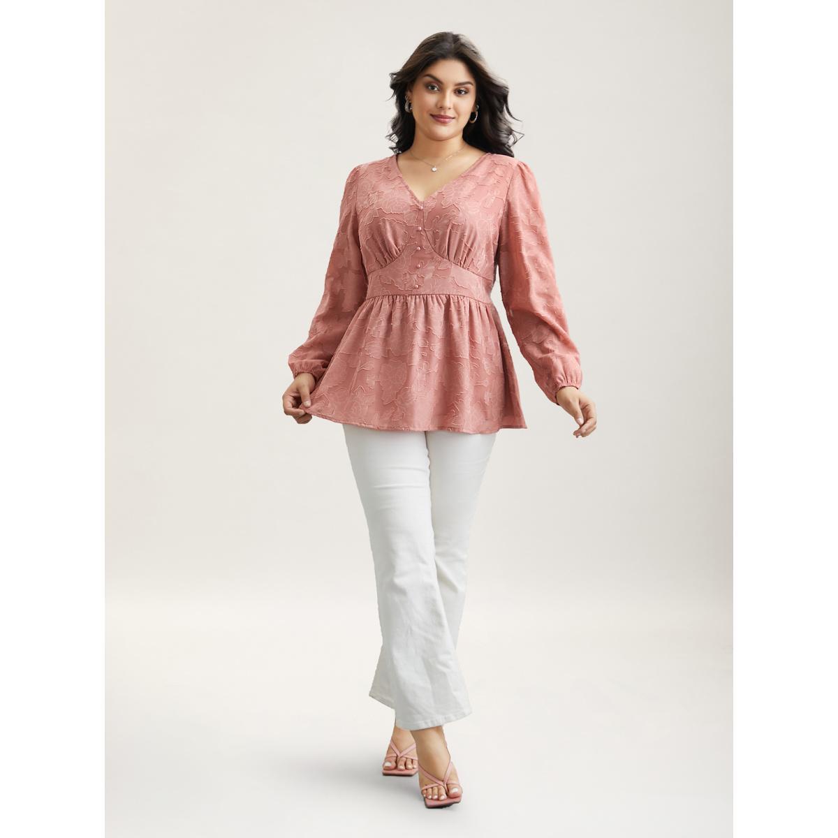 Plus Size Rouge Textured Waist-Cinched Lined Button Shirt Women Elegant Extra Long Sleeve Deep V-neck Everyday Blouses BloomChic 30/6X Product Image
