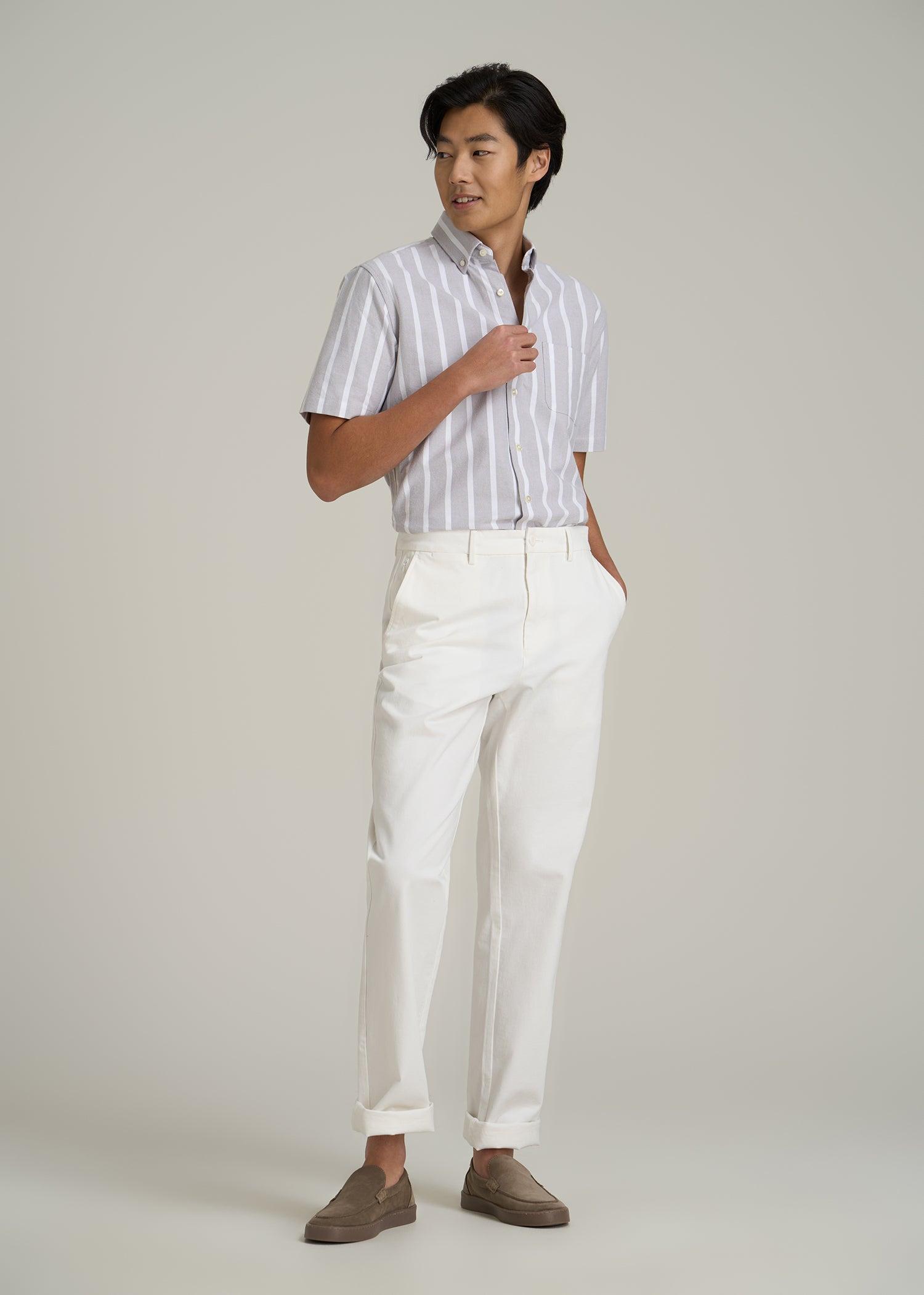 Short Sleeve Oxford Button Shirt For Tall Men in Bold Grey Stripe Product Image