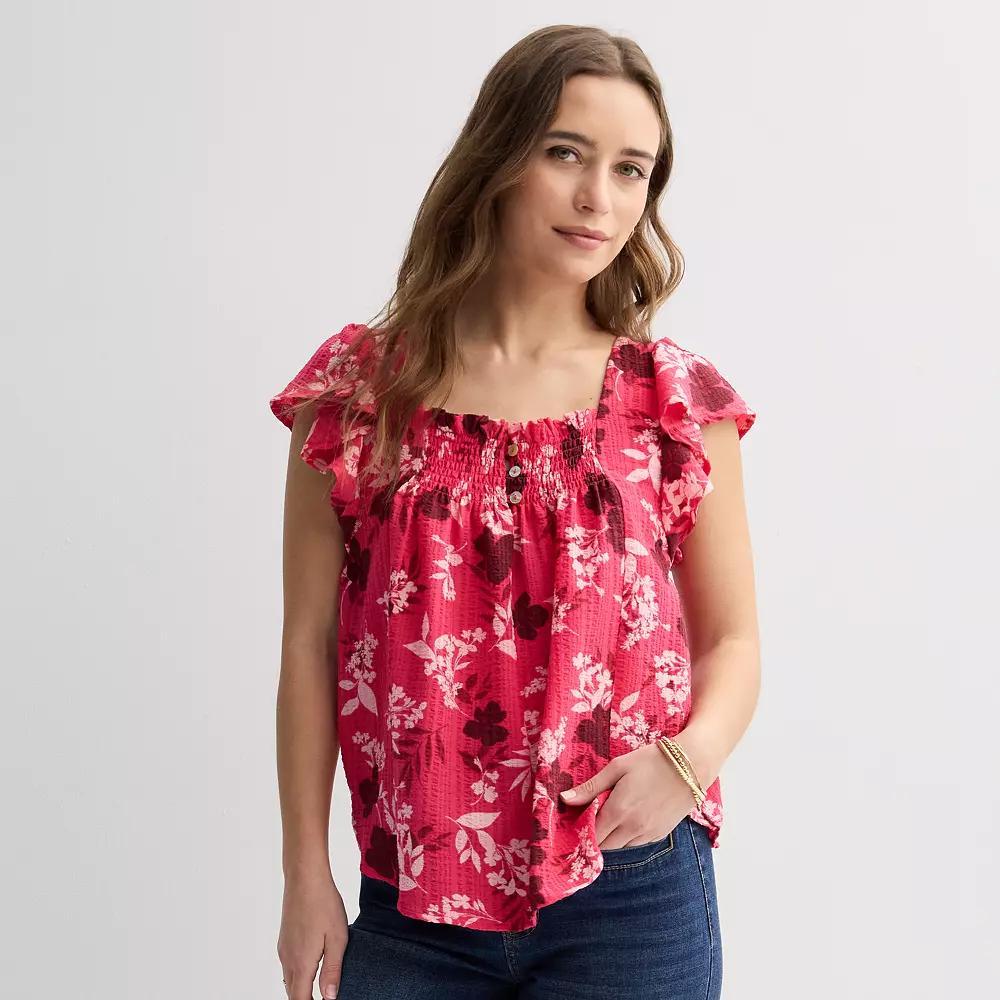 Women's Draper James Flutter Sleeve Smocked Top, Size: Small, Raspberry Team Product Image