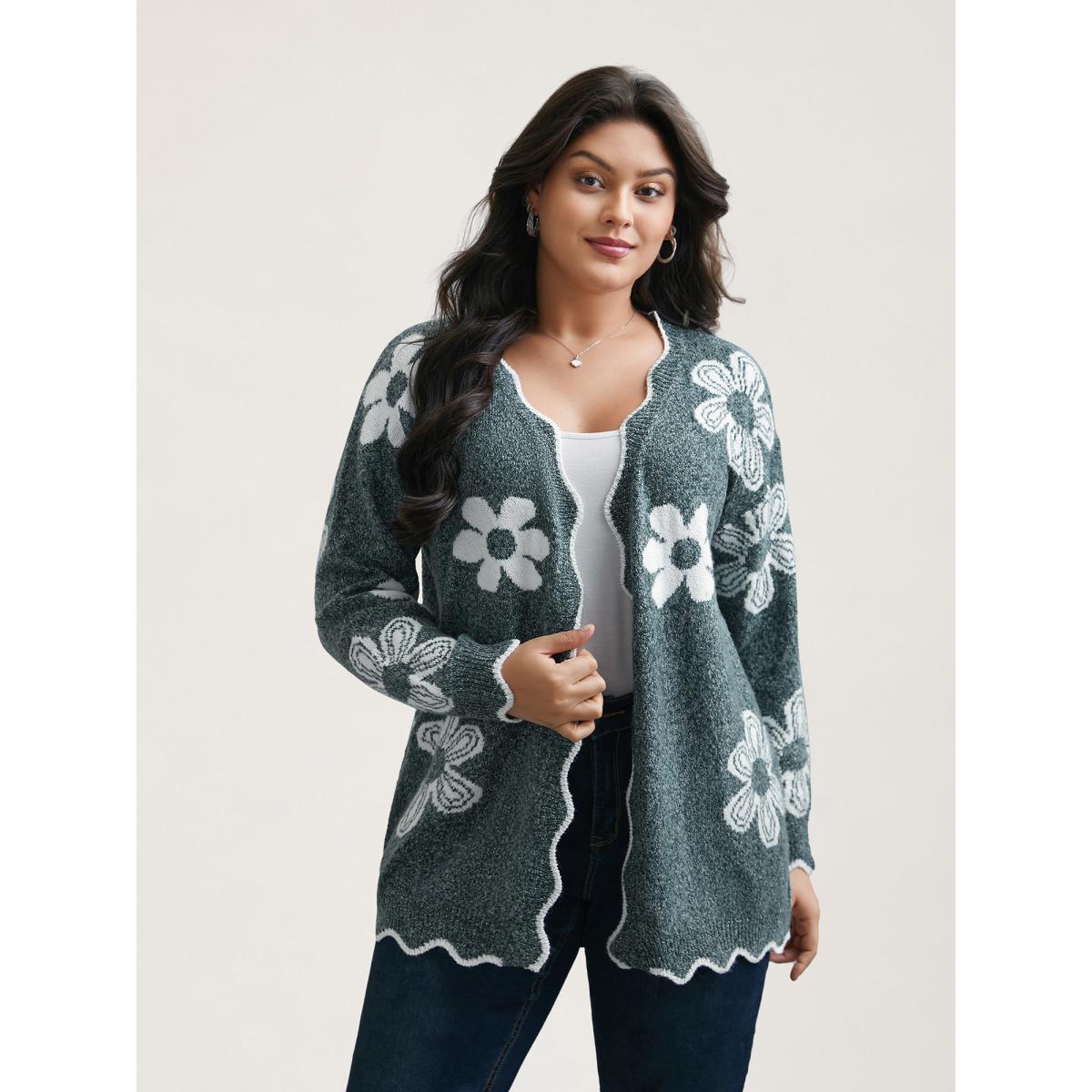 Plus Size Floral Pattern Open-Front Knitted Cardigan DarkGreen Women Casual Loose Long Sleeve Everyday Cardigans BloomChic 26/4X Product Image