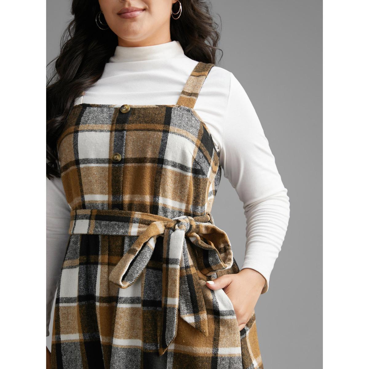 Plus Size Square Neck Plaid Button Detail Belted Dress Wheat Women Casual Belted Square Neck Sleeveless Curvy BloomChic 18-20/2X Product Image