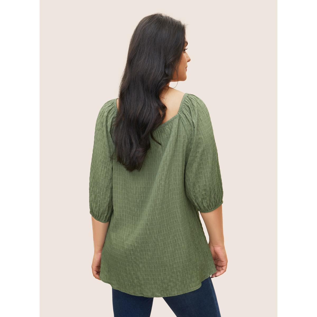 Plus Size Mint Plain Textured Gathered Ties Knot Neck Blouse Women Casual Half Sleeve Square Neck Everyday Blouses BloomChic 18-20/2X Product Image