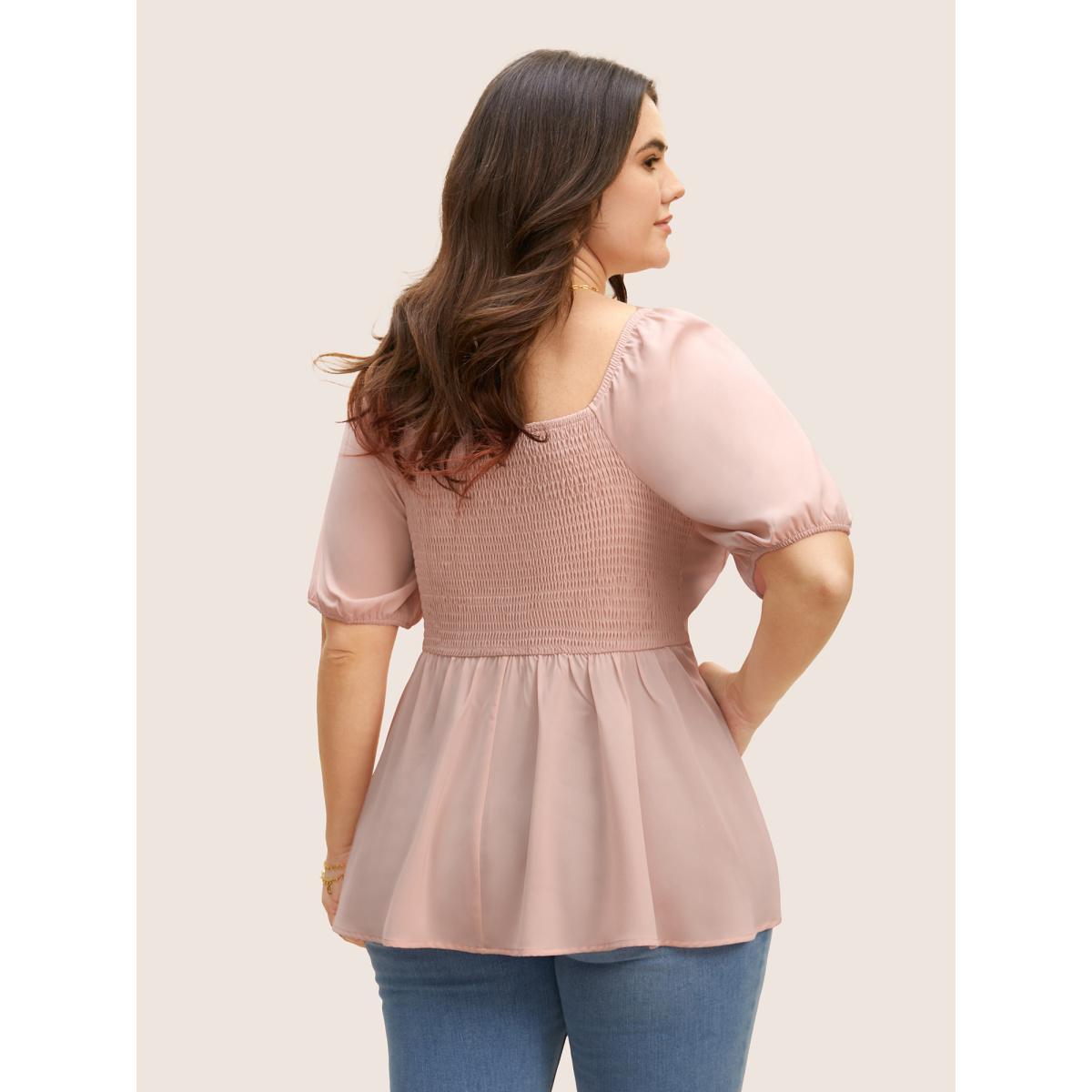 Plus Size MistyRose Solid Heart Neckline Pleated Button Detail Blouse Women Elegant Short sleeve Heart neckline Everyday Blouses BloomChic 22-24/3X Product Image