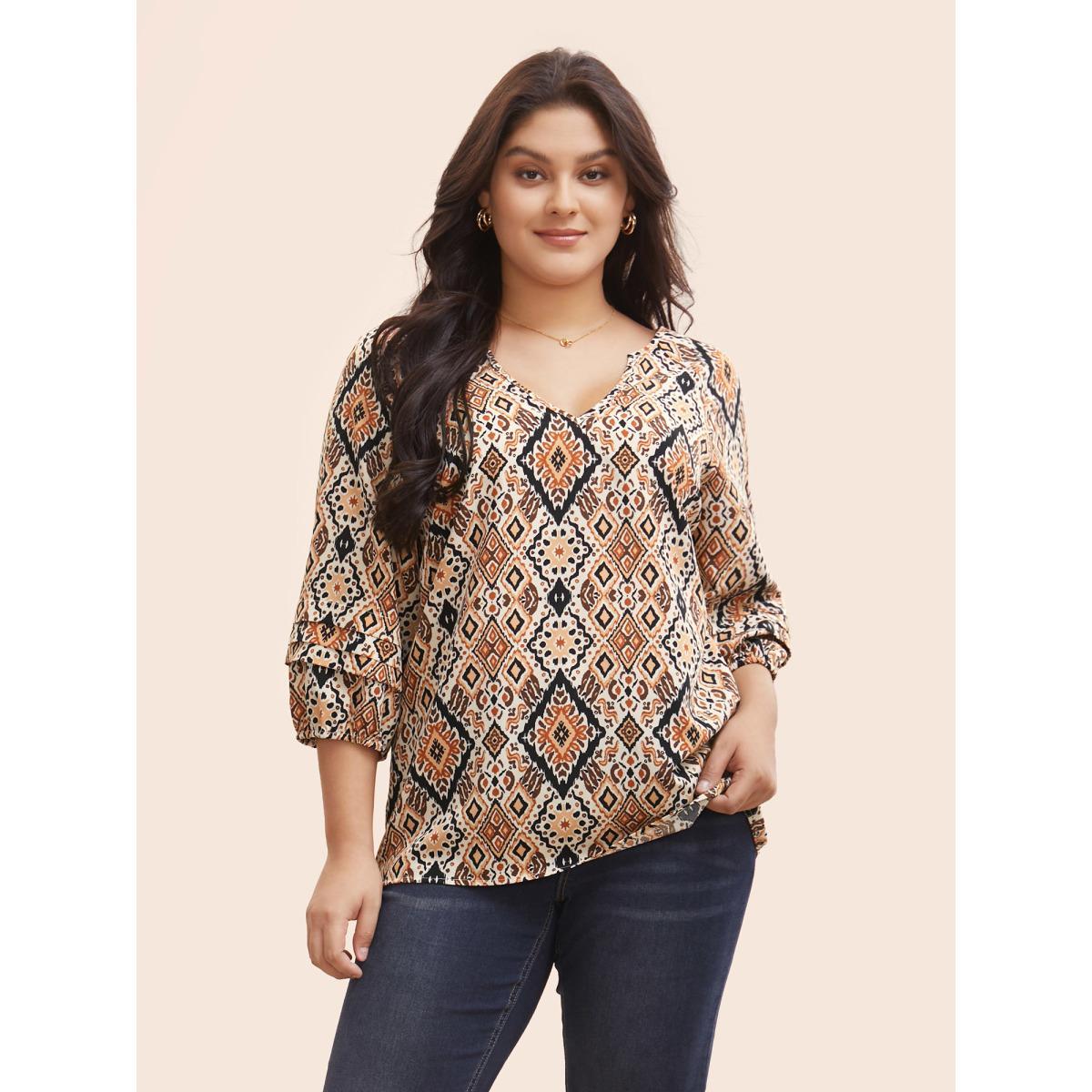 Plus Size Browncoffeecolor Bandana Geometric Pleated Lantern Sleeve Blouse Women Elegant Elbow-length sleeve V-neck Everyday Blouses BloomChic 14-16/1X Product Image