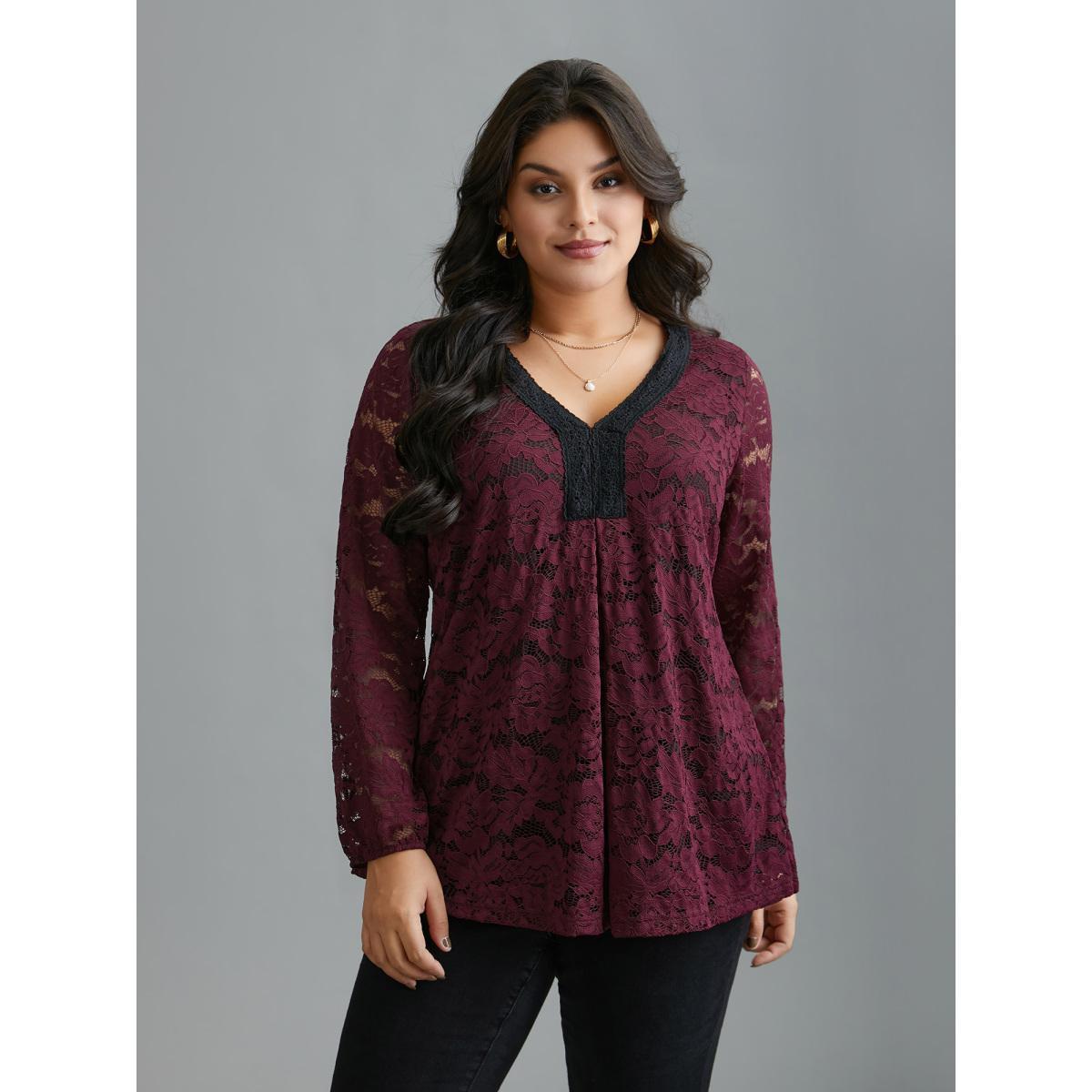 Plus Size Scarlet Sheer Lace Sleeve Pleated Slim-Fit Blouse Women Elegant Long Sleeve V-neck Everyday Blouses BloomChic 30/6X Product Image