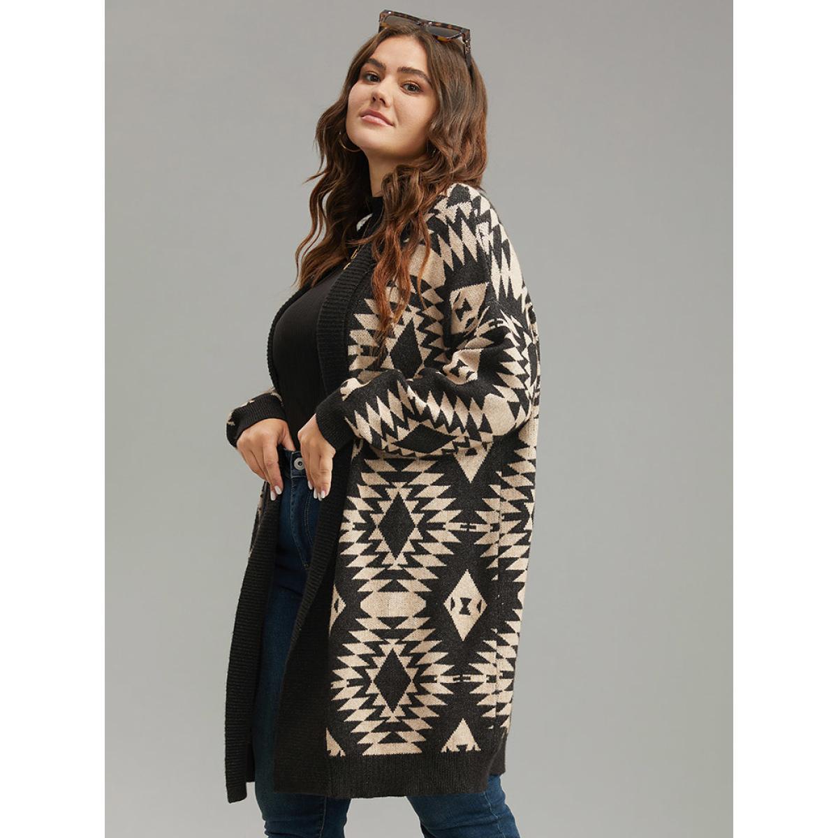 Plus Size Anti-Pilling Supersoft Essentials Geo Lapel Collar Cardigan Black Women Casual Loose Long Sleeve Everyday Cardigans BloomChic 10/M Product Image