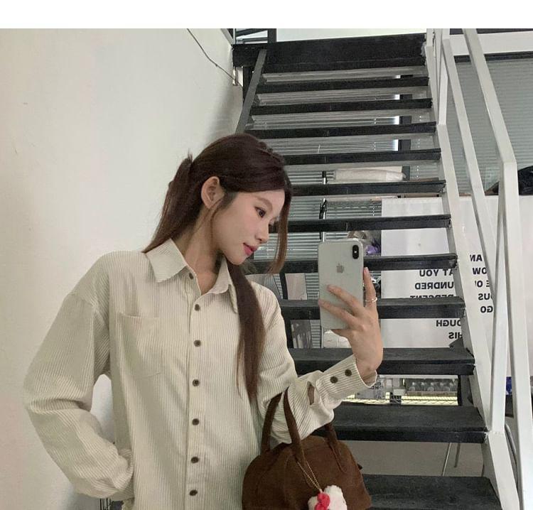 Long-Sleeve Striped Layered Ruffle Hem Half-Buttoned Mini Shirt Dress Product Image