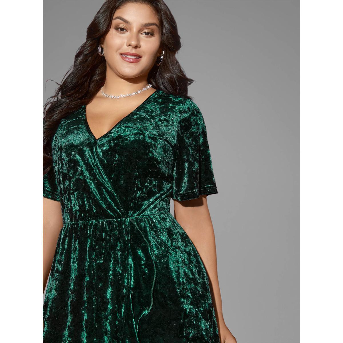 Plus Size Velvet Surplice Neckline Ruffle Sleeves Midi Dress DarkGreen Women Formal Texture Overlap Collar Short sleeve Curvy BloomChic 14-16/1X Product Image