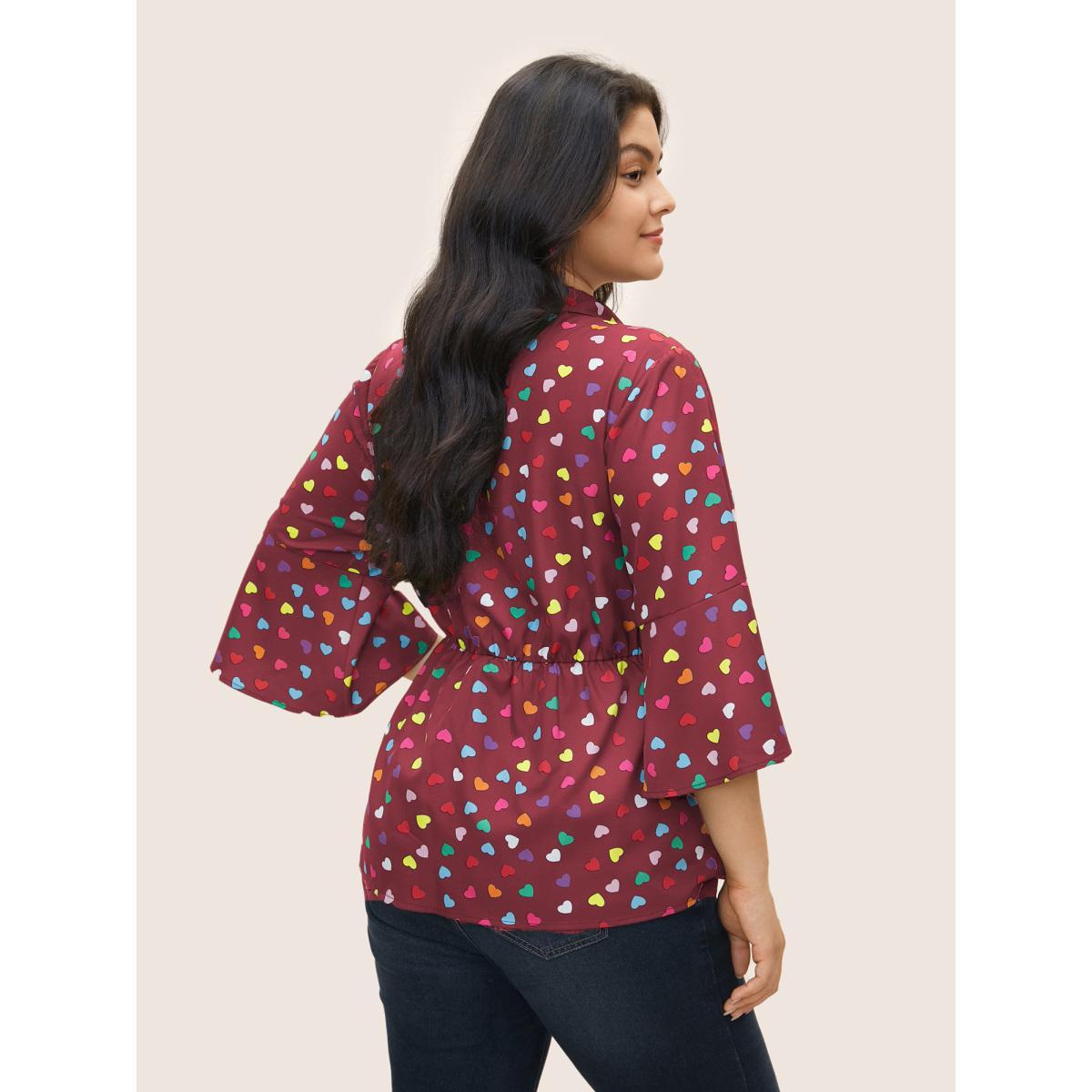 Plus Size Scarlet Colour Heart Print Bell Sleeve Blouse Women Elegant Elbow-length sleeve Shirt collar Everyday Blouses BloomChic 12/L Product Image