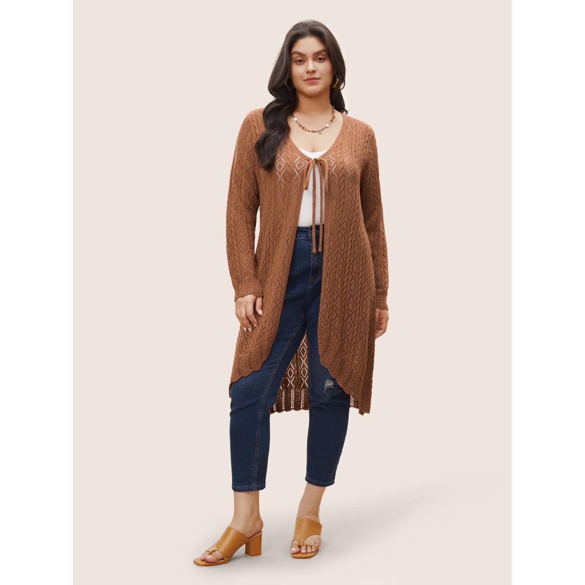 Plus Size Plain Ties Arc Hem Hollow Out Cardigan Chocolate Women Elegant Long Sleeve Everyday Cardigans BloomChic 14-16/1X Product Image