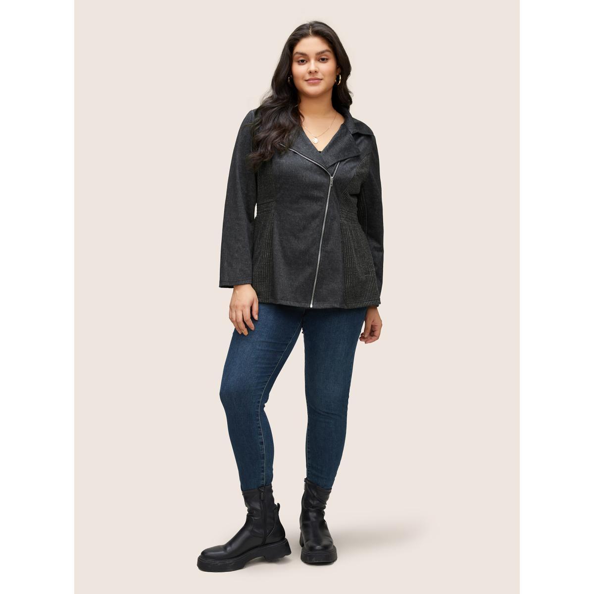 Plus Size Texture Patchwork Rib Knit Zipper Jacket Women DarkGray Non Side seam pocket Everyday Jackets BloomChic 14-16/1X Product Image