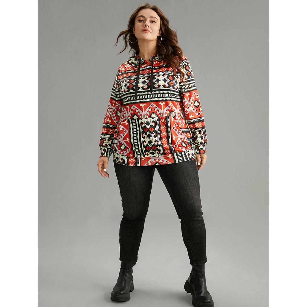 Plus Size Bandana Geometric Hooded Kangaroo Pocket Sweatshirt Women Red Casual Printed Hooded Dailywear Sweatshirts BloomChic 30/6X Product Image