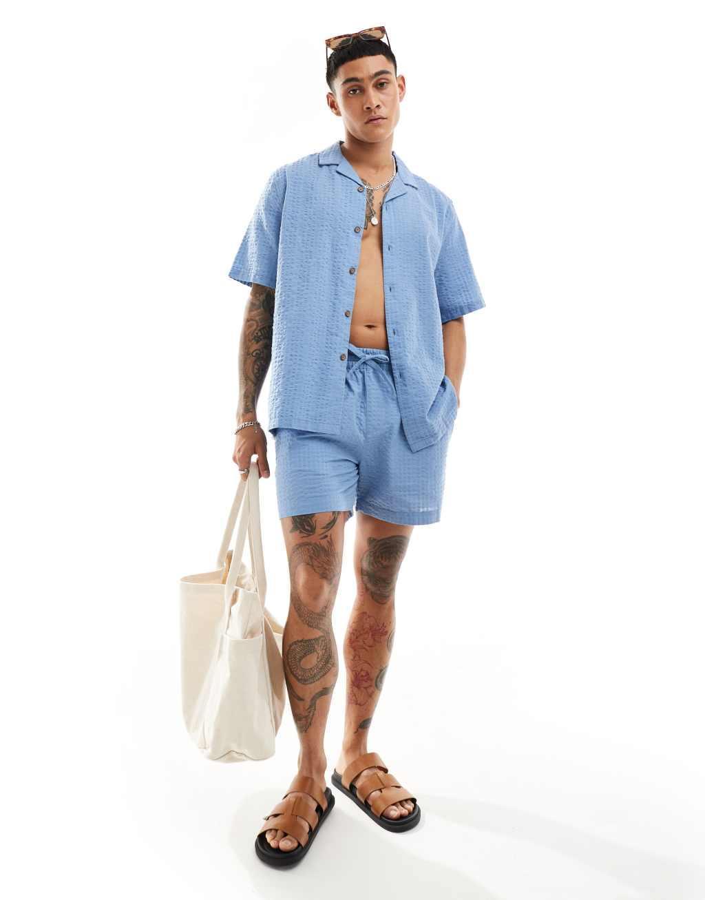 ASOS DESIGN 90s oversized short sleeve shirt in dusty blue seersucker texture - part of a set Product Image