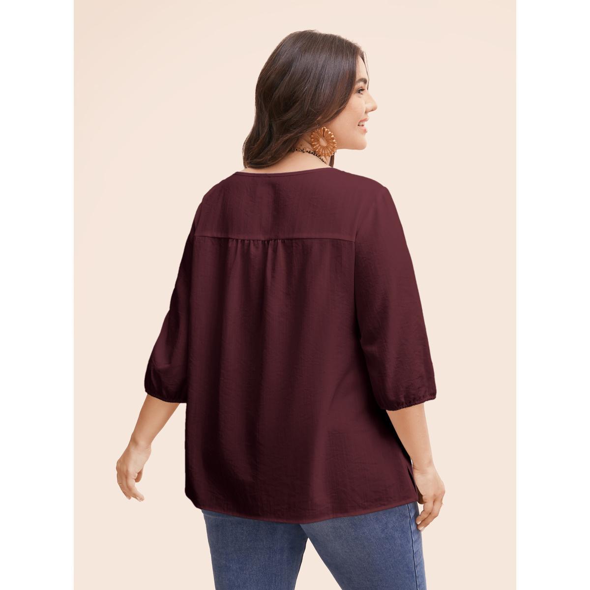 Plus Size Burgundy Floral Embroidered Tie Knot Lantern Sleeve Blouse Women Resort Elbow-length sleeve V-neck Vacation Blouses BloomChic 12/L Product Image