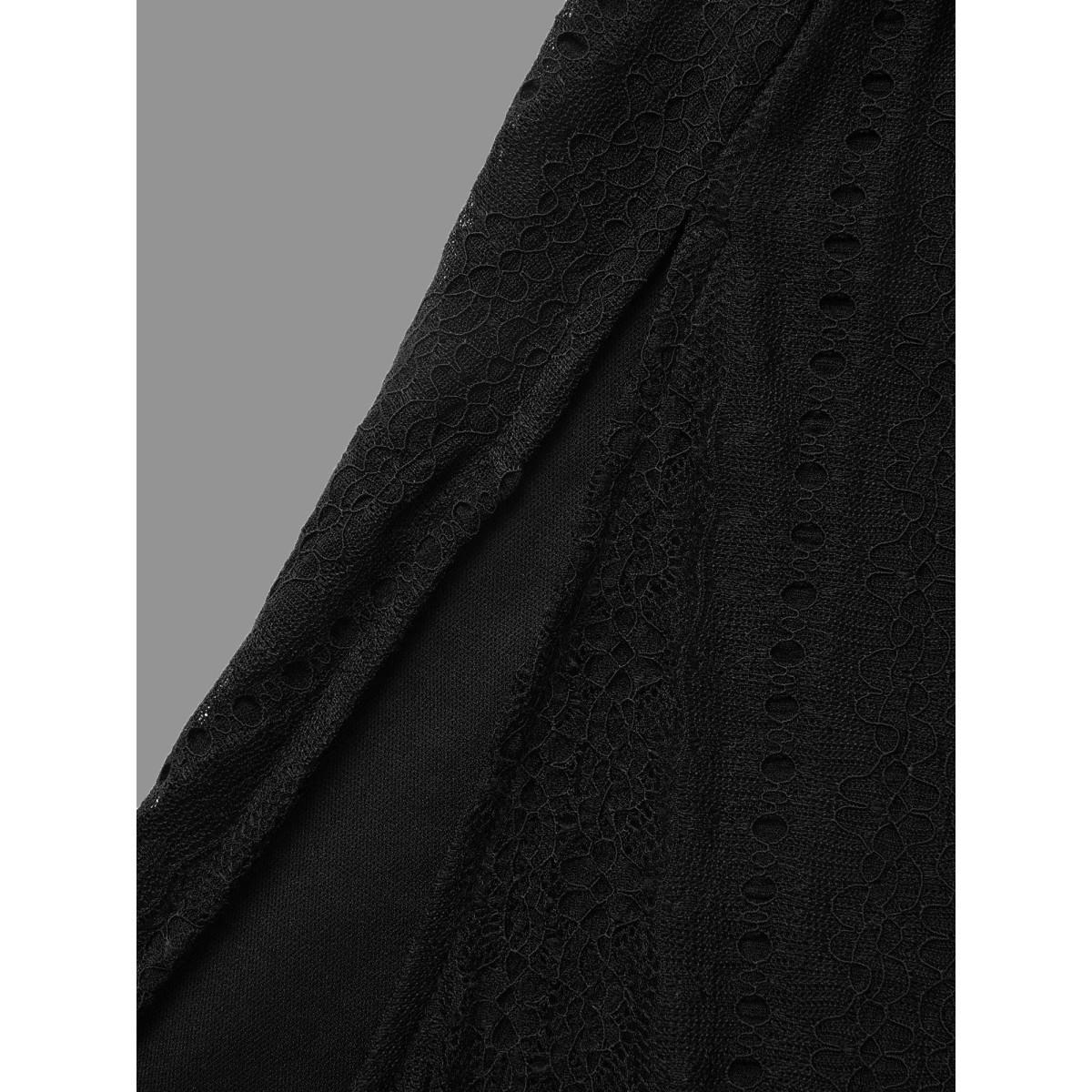 Plus Size Lace Panel Square Neck Tie Knot Dress Black Women Elegant Tie knot Square Neck Long Sleeve Curvy BloomChic 18-20/2X Product Image
