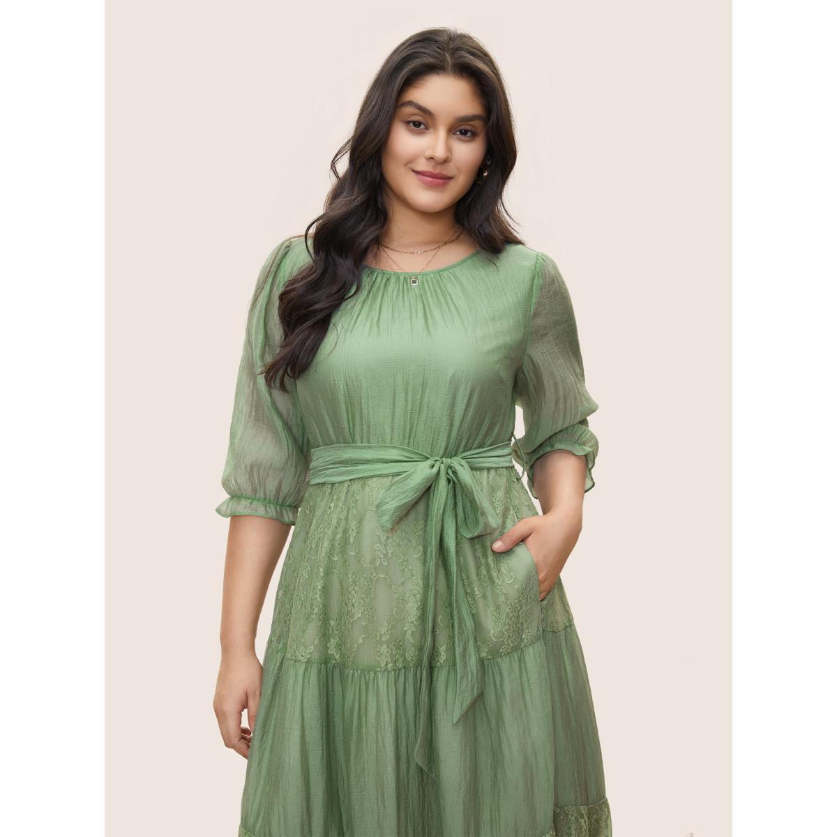 Plus Size Tiered Lace Patchwork Belted Gathered Dress Sage Women Elegant Non Round Neck Elbow-length sleeve Curvy Midi Dress BloomChic 26/4X Product Image