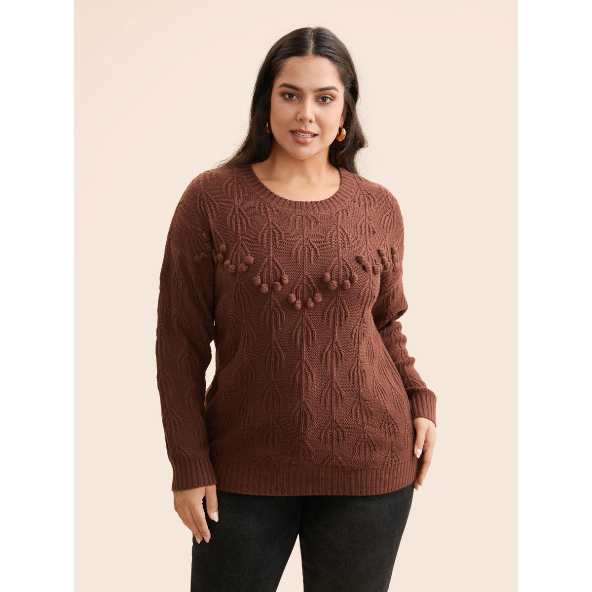 Plus Size Crochet Floral Drop Shoulder Sleeve Pullover DarkBrown Women Casual Long Sleeve Round Neck Everyday Pullovers BloomChic 22-24/3X Product Image