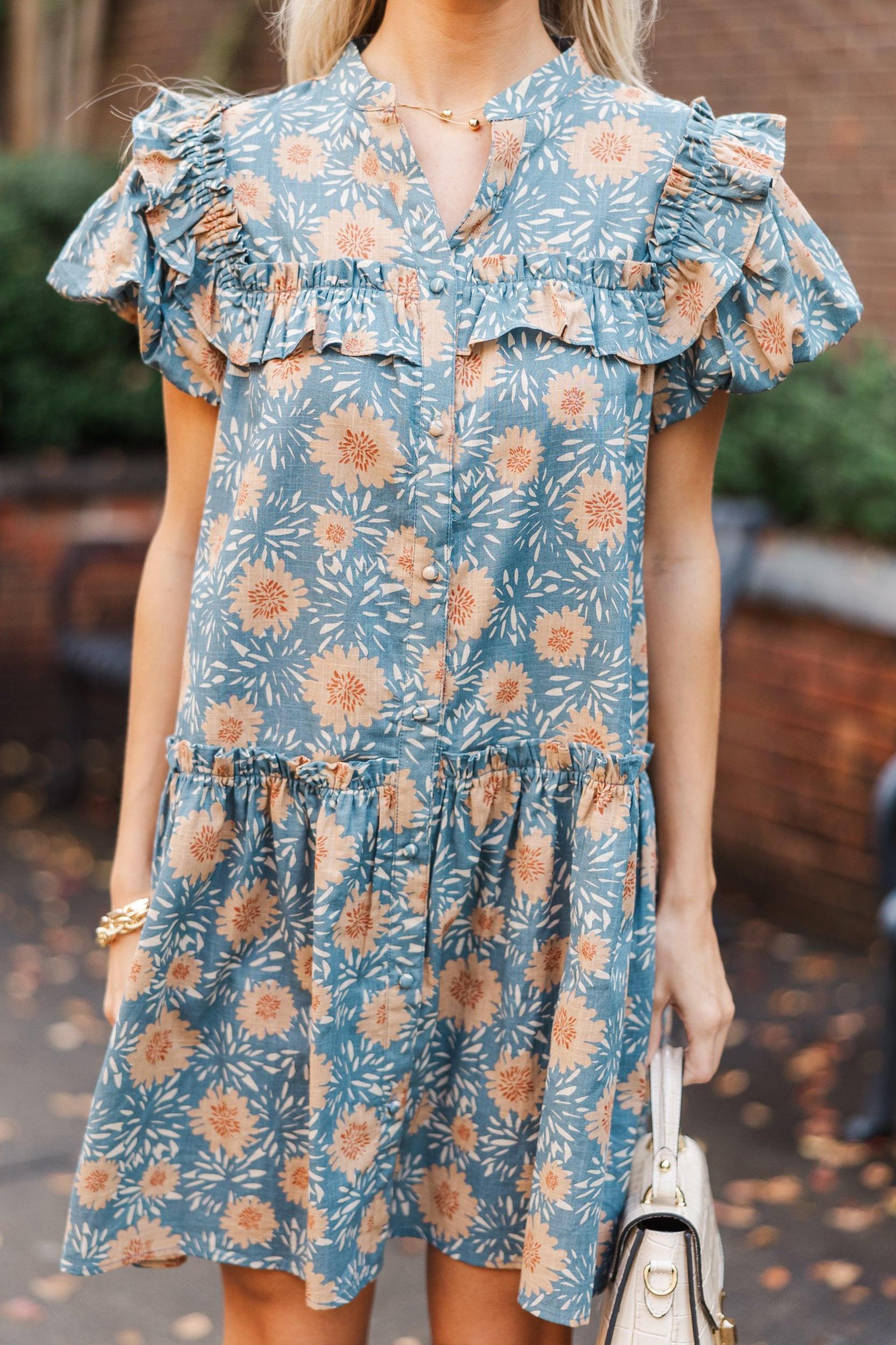 Bring It On Home Dusty Blue Floral Dress Female Product Image