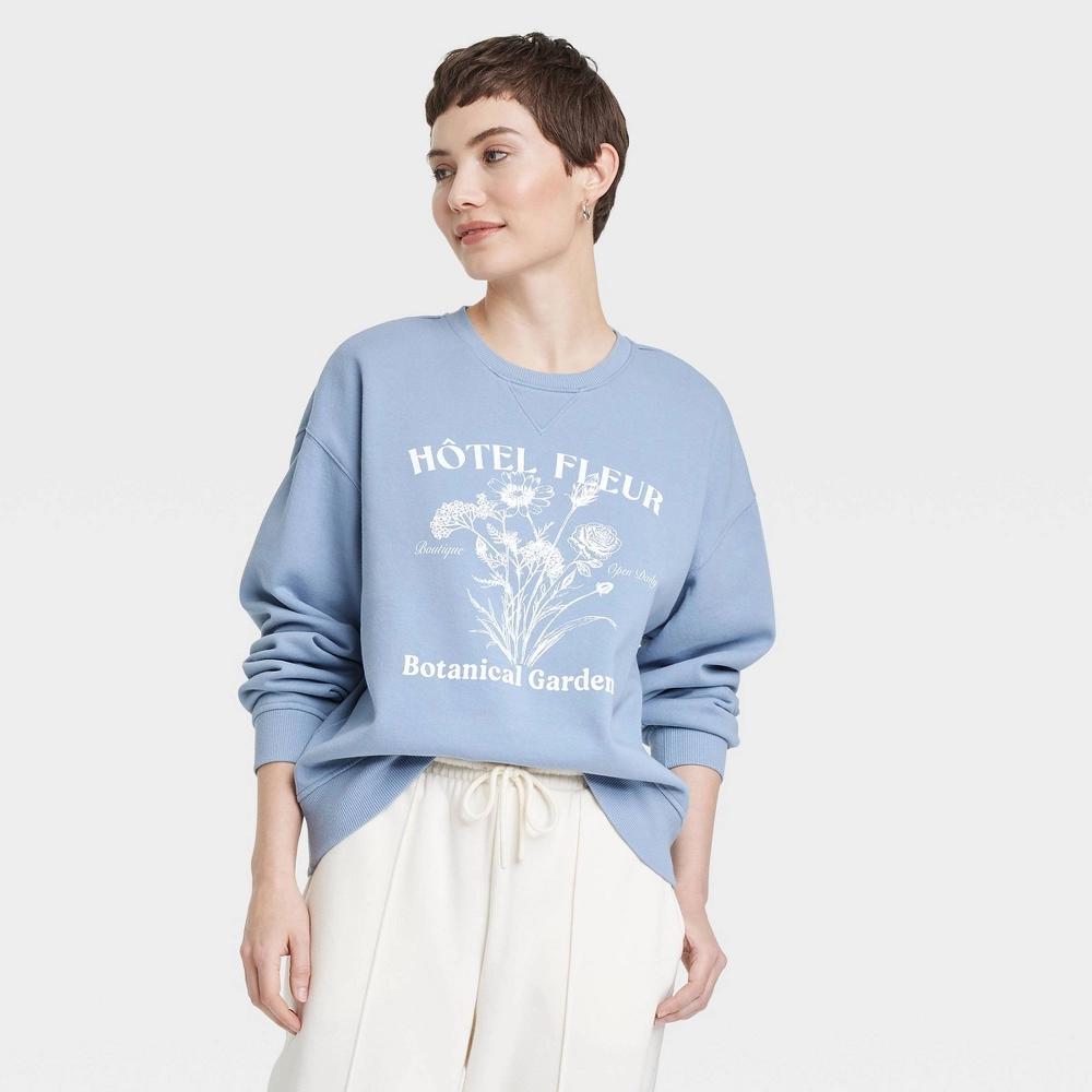 Womens Leisure Studio Oversized Graphic Sweatshirt - Universal Thread Blue Letters S: Cotton Blend, Crew Neck, Long Sleeve Product Image