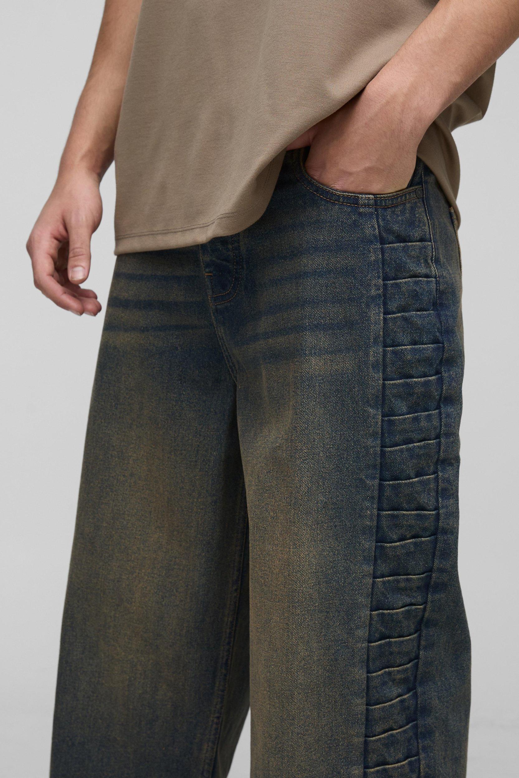 Wide Leg Rigid Pleated Panel Denim Jeans | boohooMAN USA Product Image