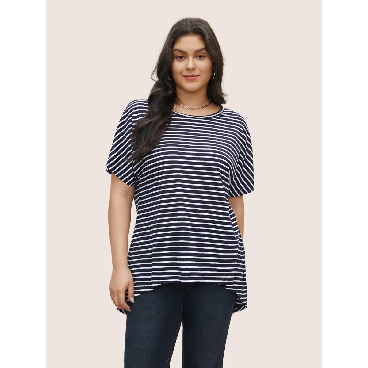 Plus Size Striped Dolman Sleeve Curved Hem T-shirt Midnight Women Casual Non Striped Round Neck Everyday T-shirts BloomChic 14-16/1X Product Image