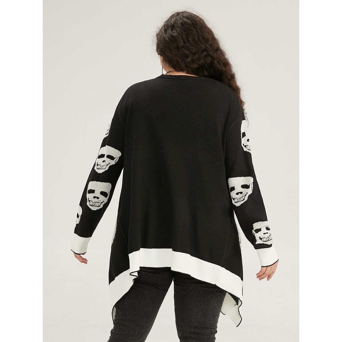 Plus Size Supersoft Essentials Halloween Skull Asymmetrical Hem Cardigan Black Women Casual Loose Long Sleeve Festival-Halloween Cardigans BloomChic 22-24/3X Product Image