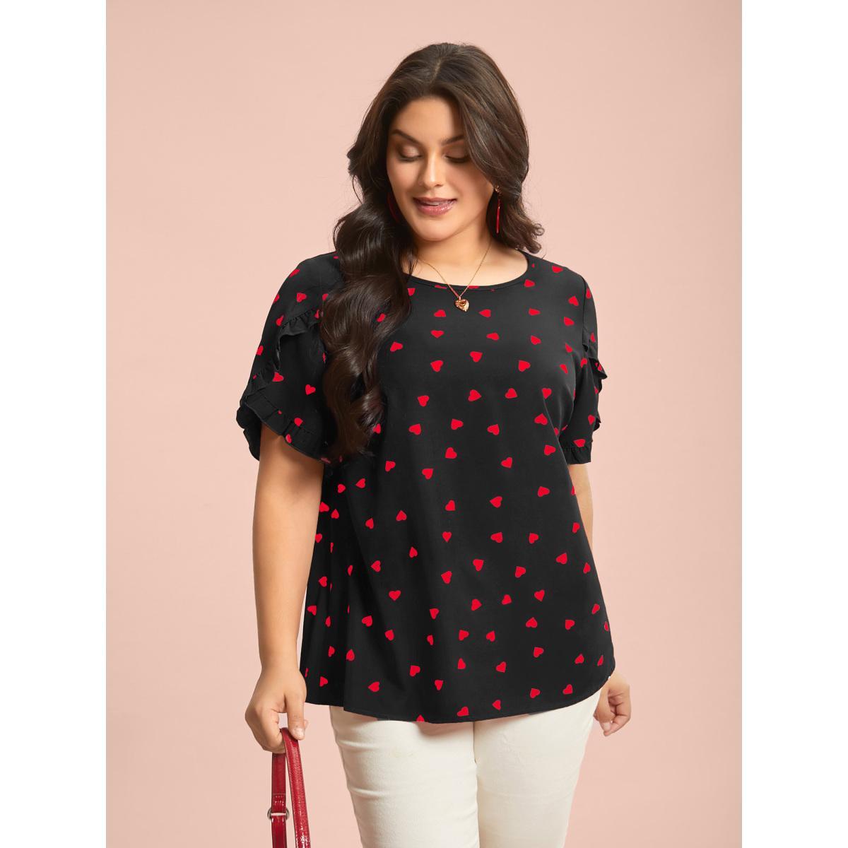 Plus Size Black Ruffled Overlap Sleeve Heart Pattern Blouse Women Elegant Short sleeve Round Neck Everyday Blouses BloomChic 30/6X Product Image