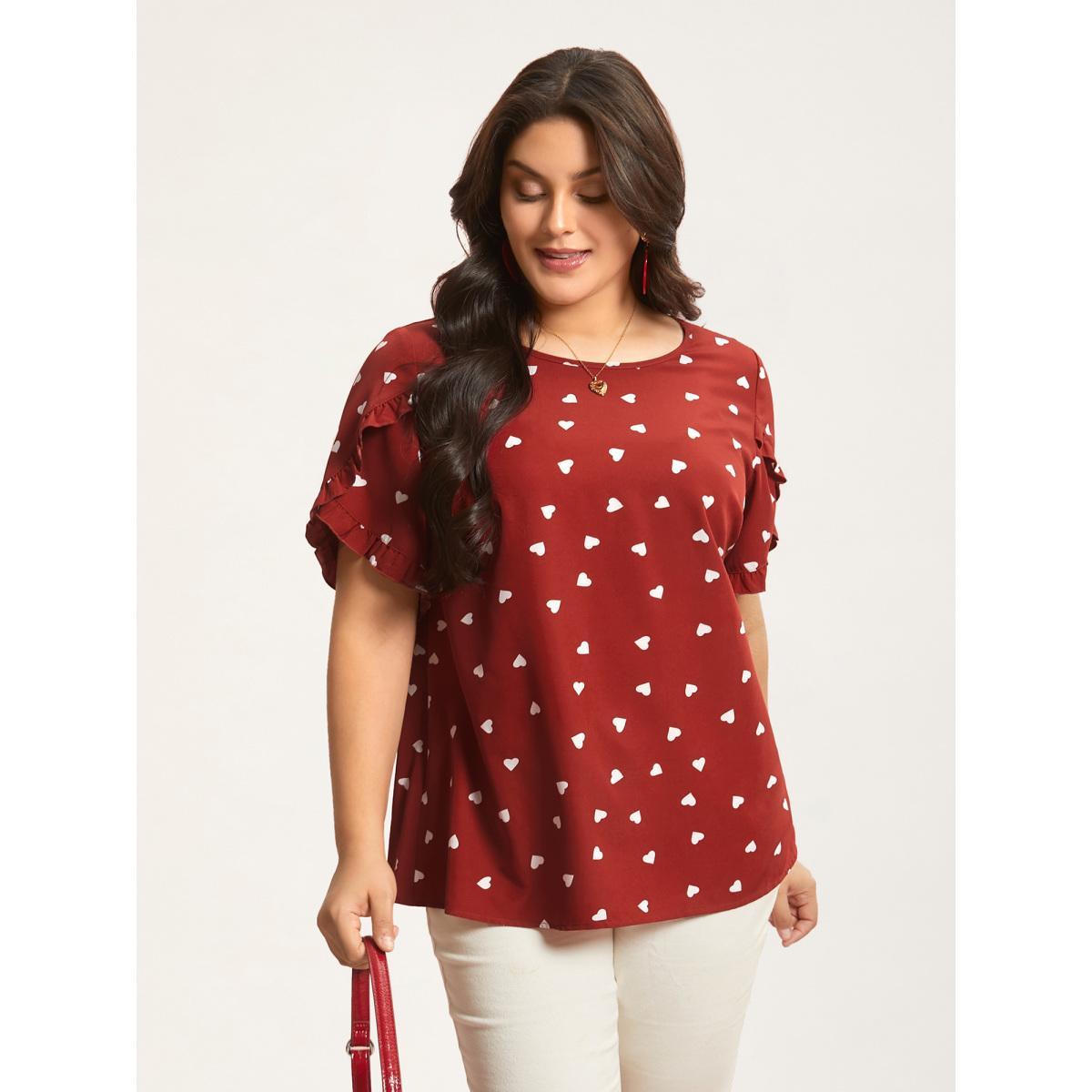 Plus Size Scarlet Ruffled Overlap Sleeve Heart Pattern Blouse Women Elegant Short sleeve Round Neck Everyday Blouses BloomChic 22-24/3X Product Image
