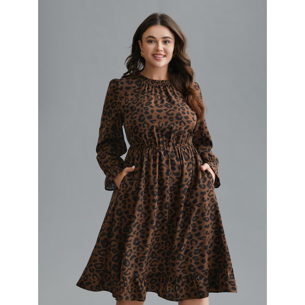 Plus Size Leopard Print Ruffles Mock Neck Elastic Waist Dress Browncoffeecolor Women Elegant Frill Trim Mock Neck Long Sleeve Curvy BloomChic 30/6X Product Image