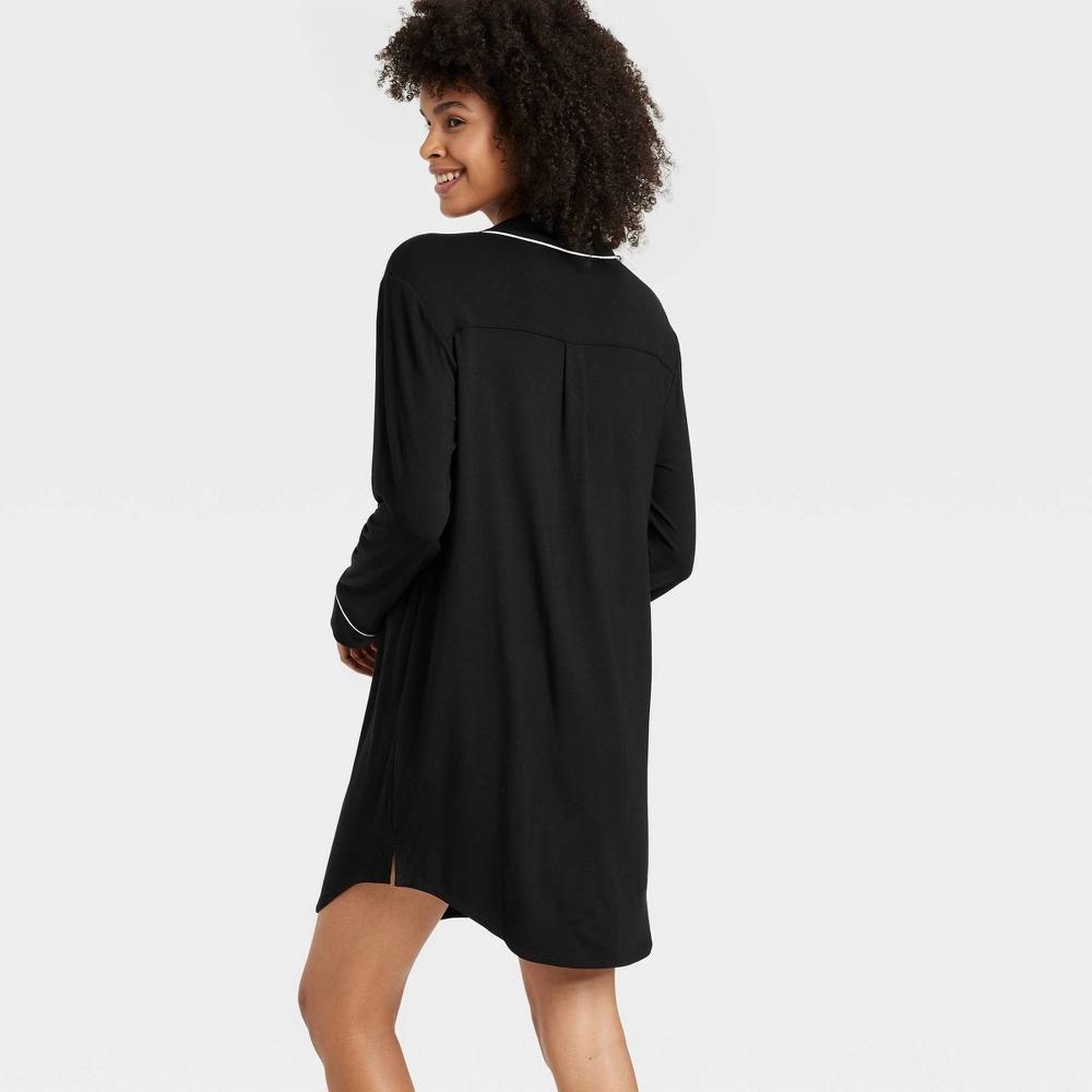 Womens Cloud Knit Notch Collar Long Sleeve NightGown - Auden Black M: Modal-Spandex Blend, Front Button Down, Banded Cuff Product Image