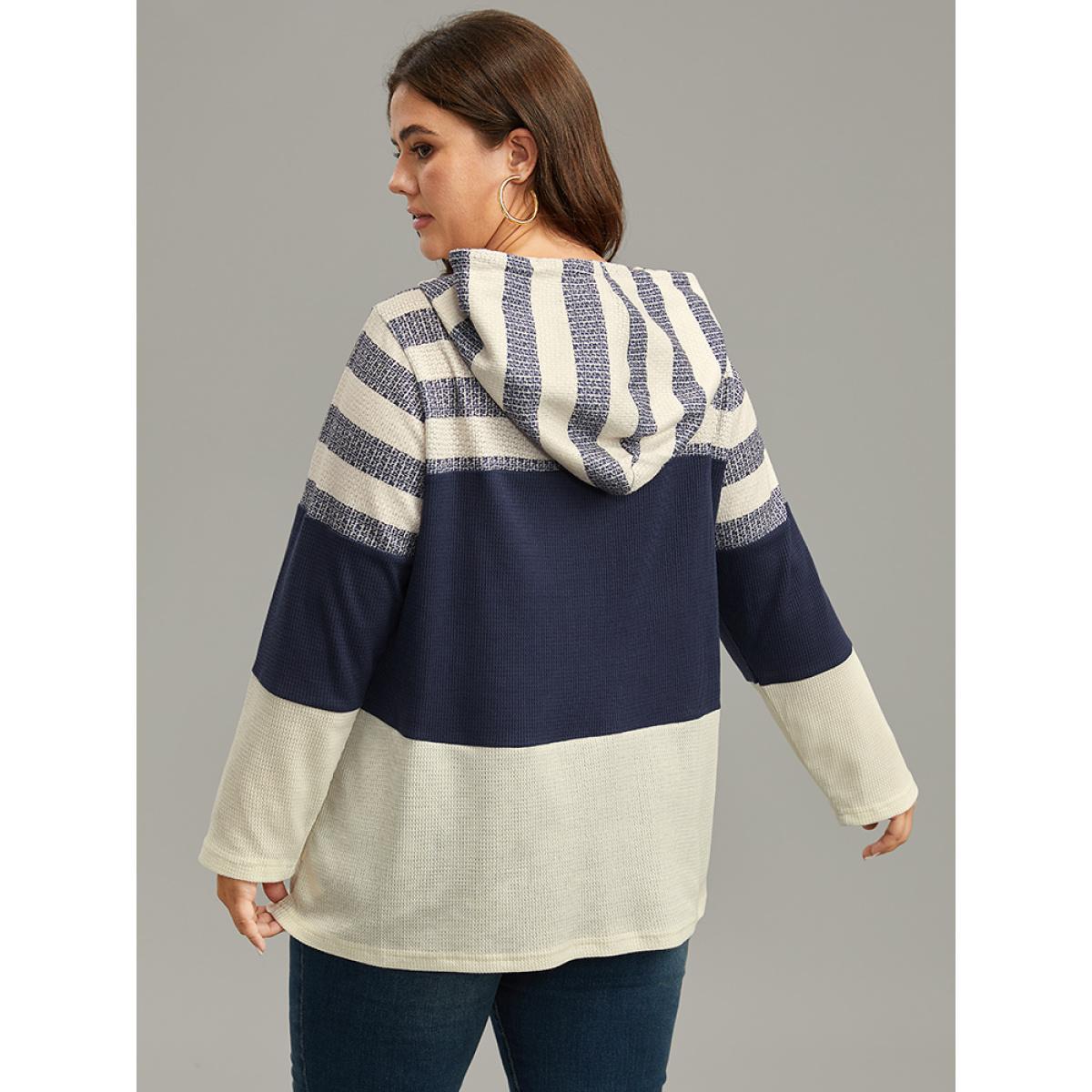 Plus Size Waffle Knit Striped Colorblock Hooded Sweatshirt Women Indigo Casual Contrast Hooded Dailywear Sweatshirts BloomChic 26/4X Product Image