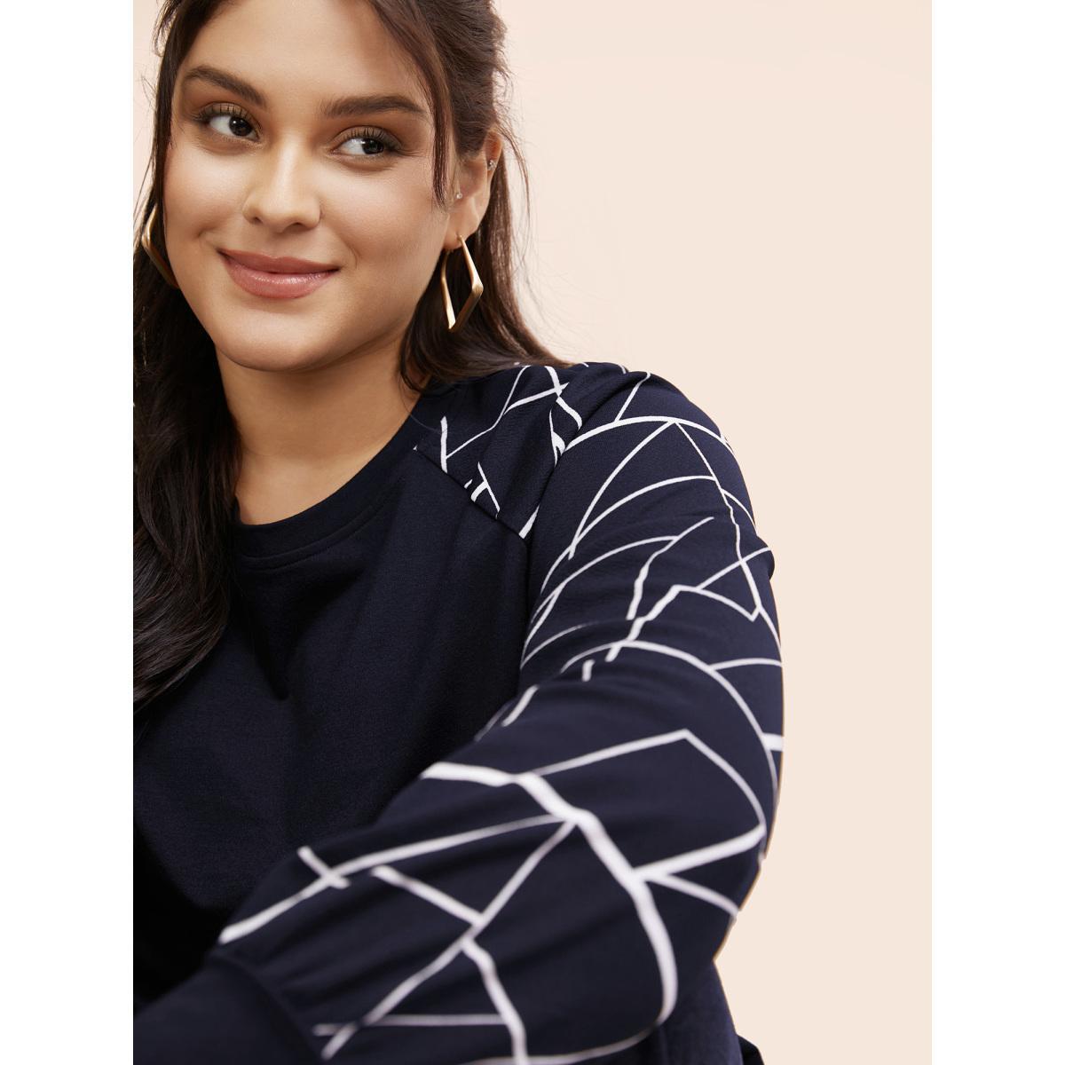 Plus Size Geometric Round Neck Raglan Sleeve Sweatshirt Women DarkBlue Casual Elastic cuffs Round Neck Dailywear Sweatshirts BloomChic 14-16/1X Product Image