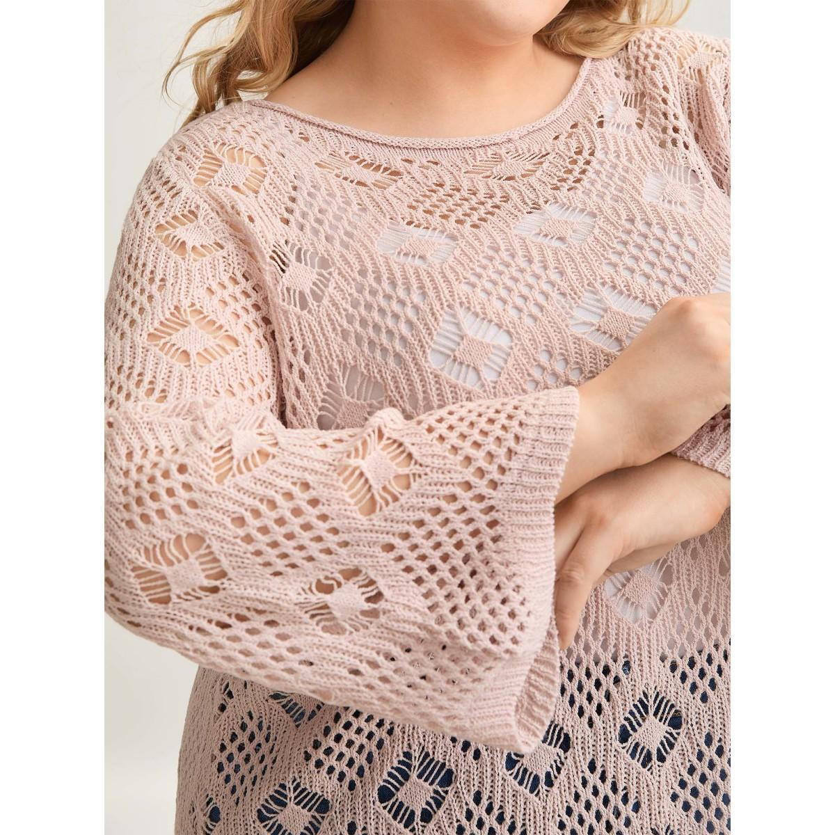 Plus Size Cut Out Textured Feel Pullover MistyRose Women Casual Loose Long Sleeve Round Neck Everyday Pullovers BloomChic 28/5X Product Image