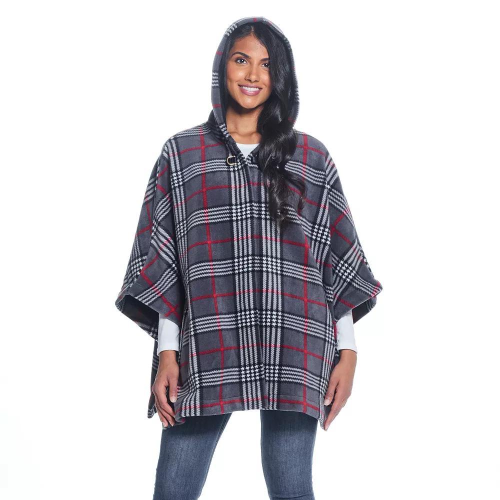 Women's Weathercast Hood Plaid Fleece Poncho, Grey Red Plaid Product Image