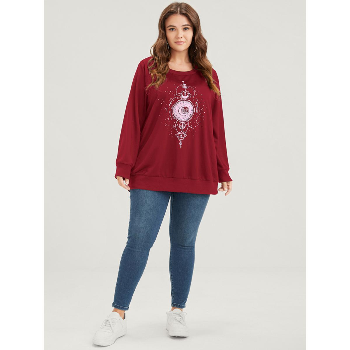 Plus Size Star Print Round Neck Drop Shoulder Sweatshirt Women Burgundy Casual Printed Round Neck Dailywear Sweatshirts BloomChic 10/M Product Image