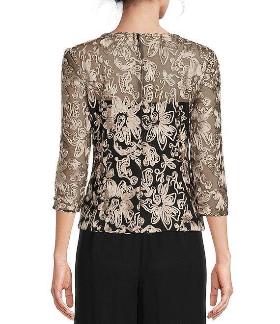 Alex Evenings Illusion Crew Neck 3/4 Sleeve Embroidered Floral Lace Top Product Image
