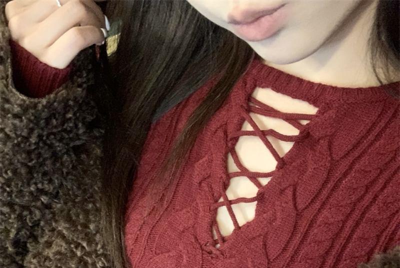 Long-Sleeve Round Neck Cutout Cable Knit Top Product Image