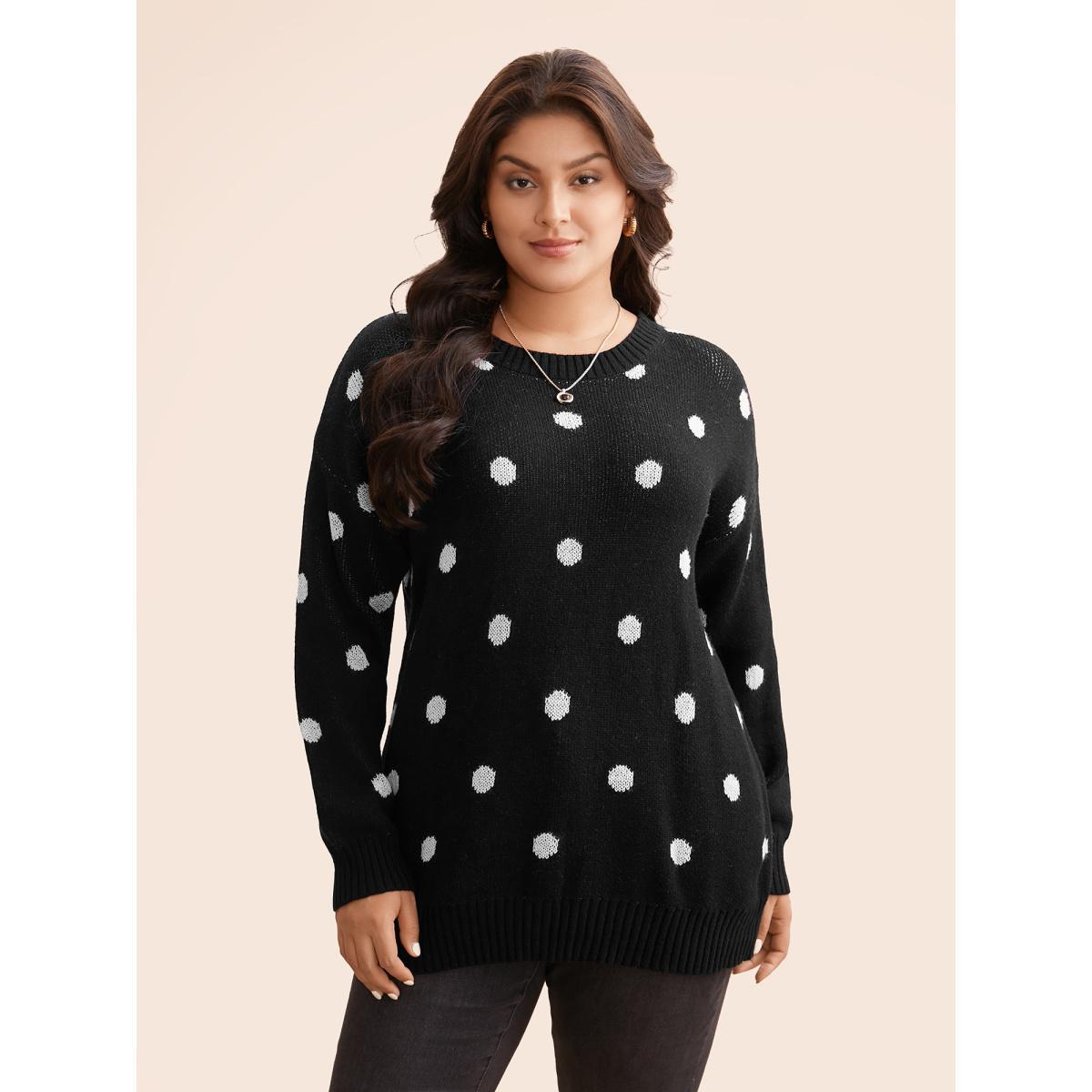 Plus Size Polka Dot Drop Shoulder Sleeve Pullover Black Women Casual Loose Long Sleeve Round Neck Everyday Pullovers BloomChic 12/L Product Image