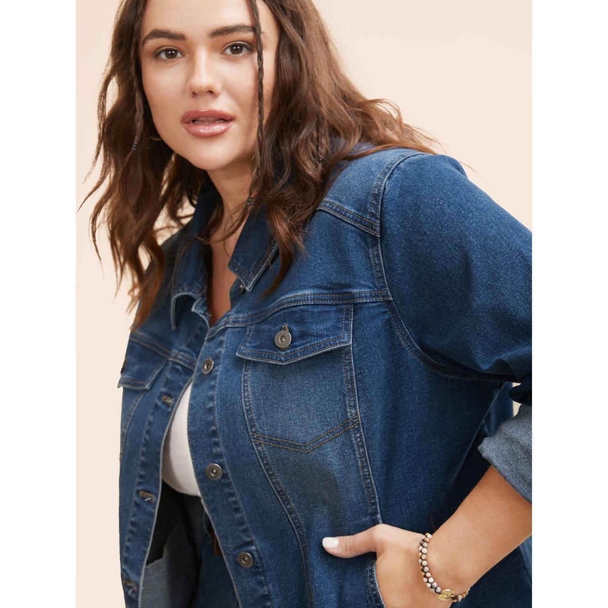 Women Stretch Denim Pockets Slim-Fit Jacket Midblue Plus Size Button Everyday Slanted pocket Casual Denim Jackets BloomChic 10/M Product Image