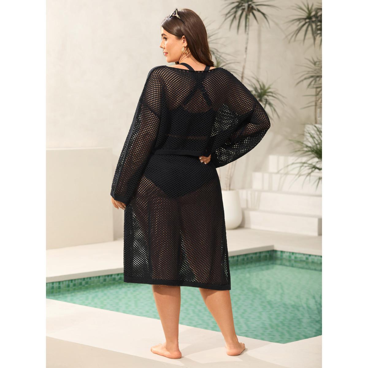 Plus Size Two-Piece Cut-Out Swim Cover-Up Women's Swimwear Black Beach Loose Tie knot Curve Swim Cover Ups BloomChic 22-24/3X Product Image