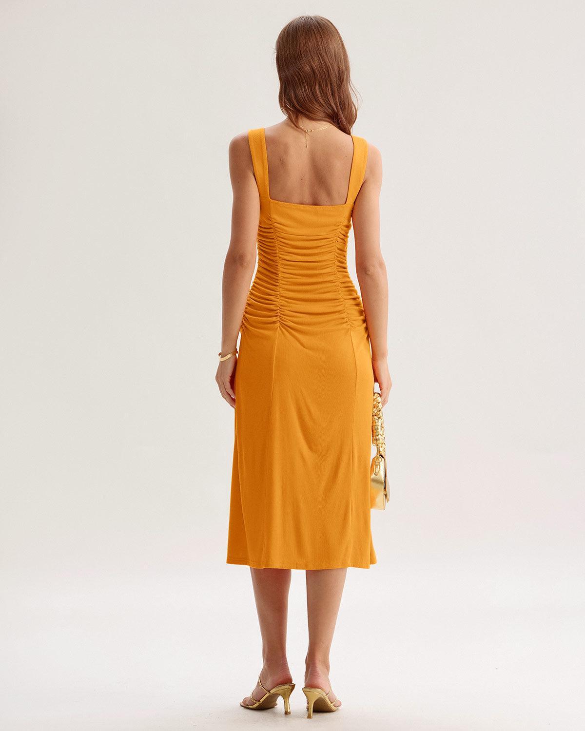 Orange Ruched Knitted Slip Midi Dress Product Image
