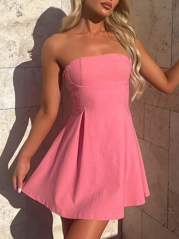 A-Line Loose Backless Pleated Solid Color Split-Joint Tied Tube Mini Dresses Product Image