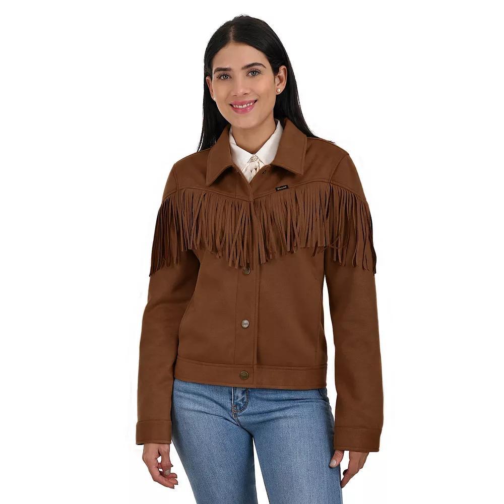 Women's Wrangler Faux Suede Trucker Jacket With Fringe, Size: Large, Dark Brown Product Image