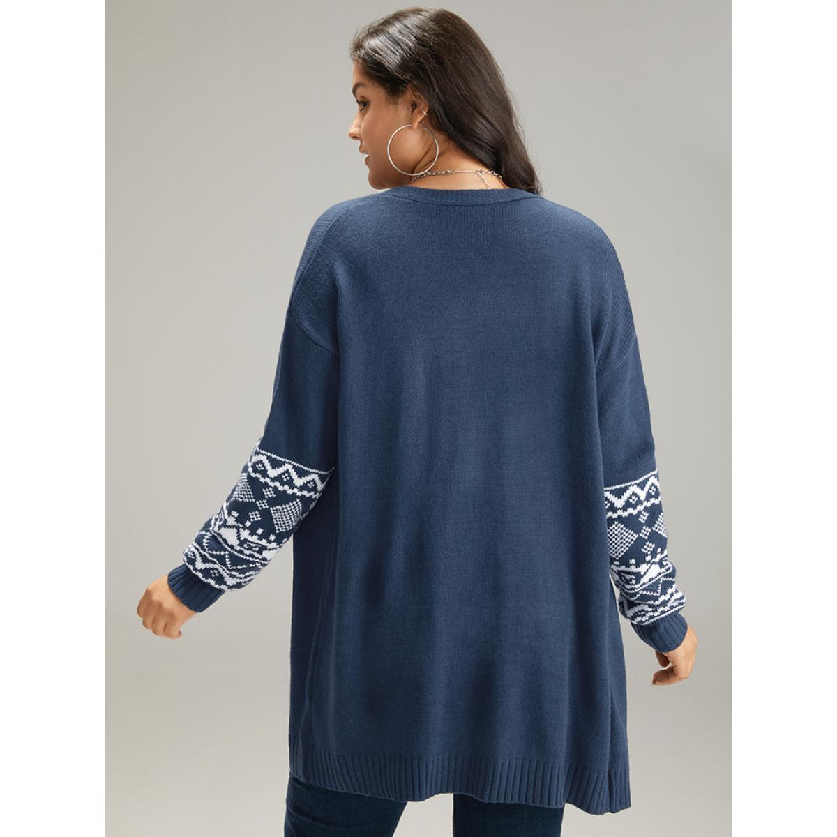 Plus Size Geometric Graphic Open Front Tunic Cardigan Indigo Women Casual Loose Long Sleeve Dailywear Cardigans BloomChic 12/L Product Image