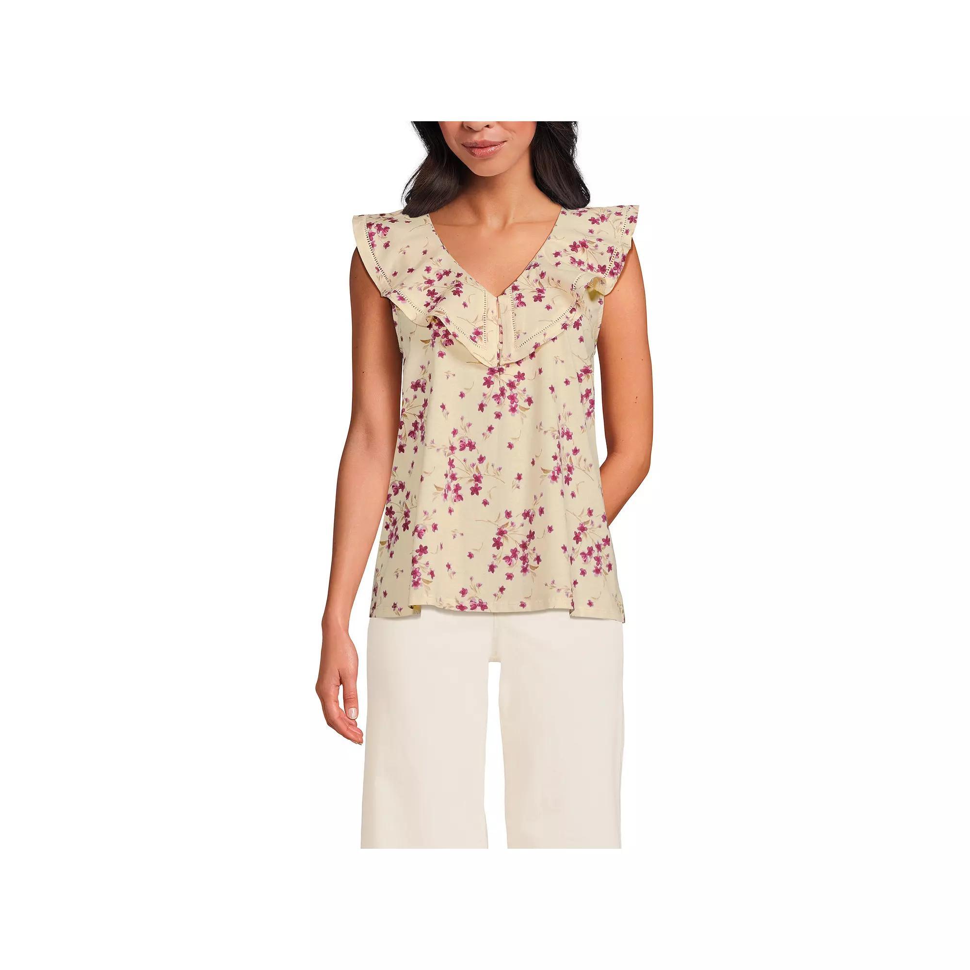 Women's Lands' End V-Neck Cascade Ruffle Top, Size: Large, Ivory Granite Floral Product Image